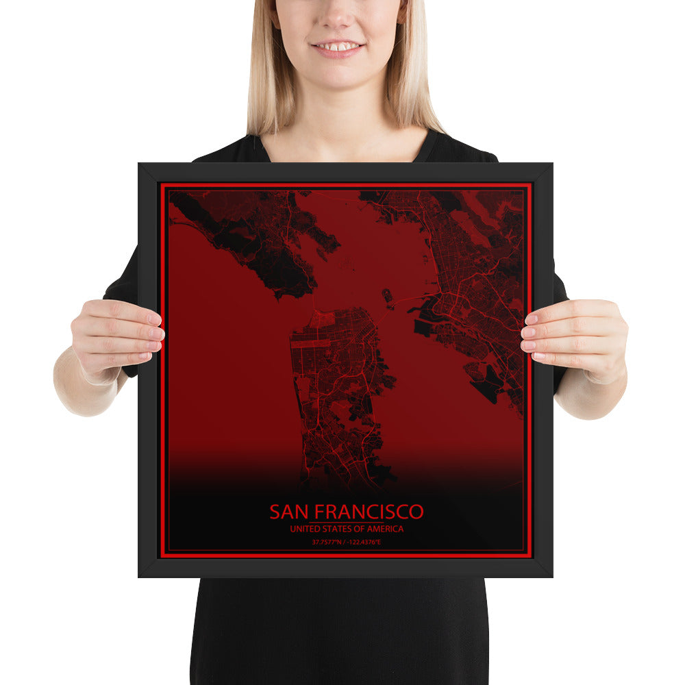 San Francisco Black and Red Framed Map