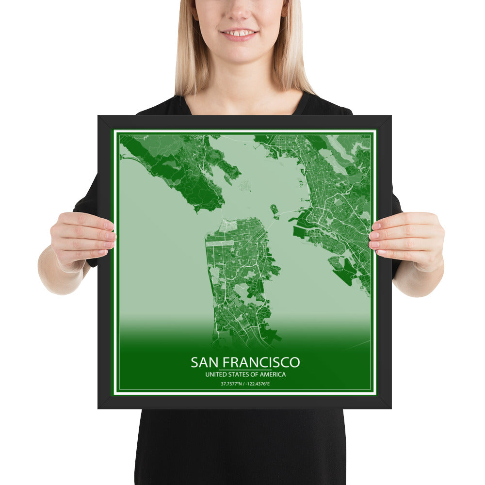 San Francisco Green and White Framed Map