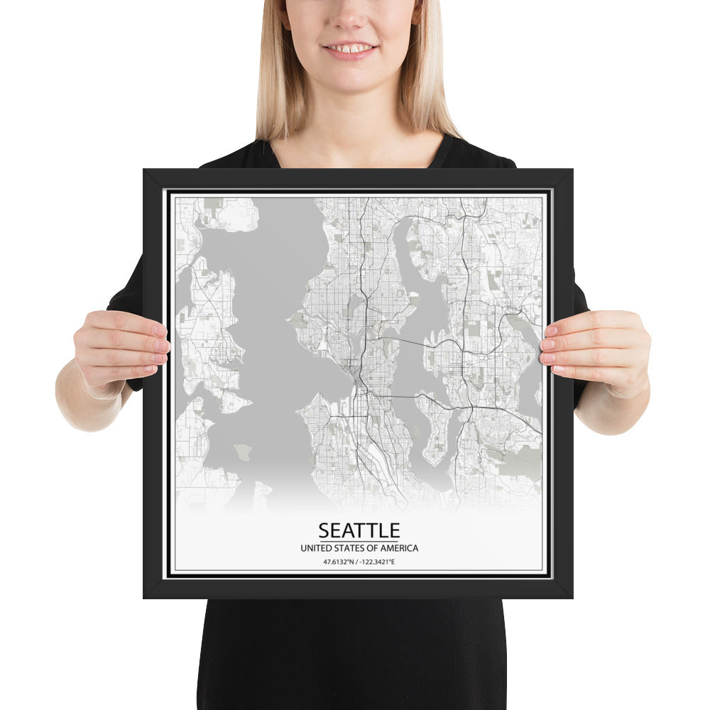 Seattle White Framed Map