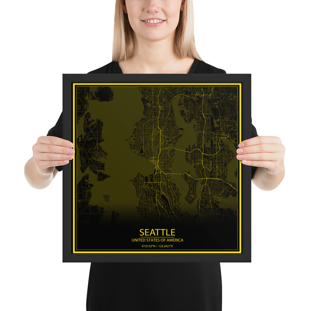 Seattle Black and Yellow Framed Map