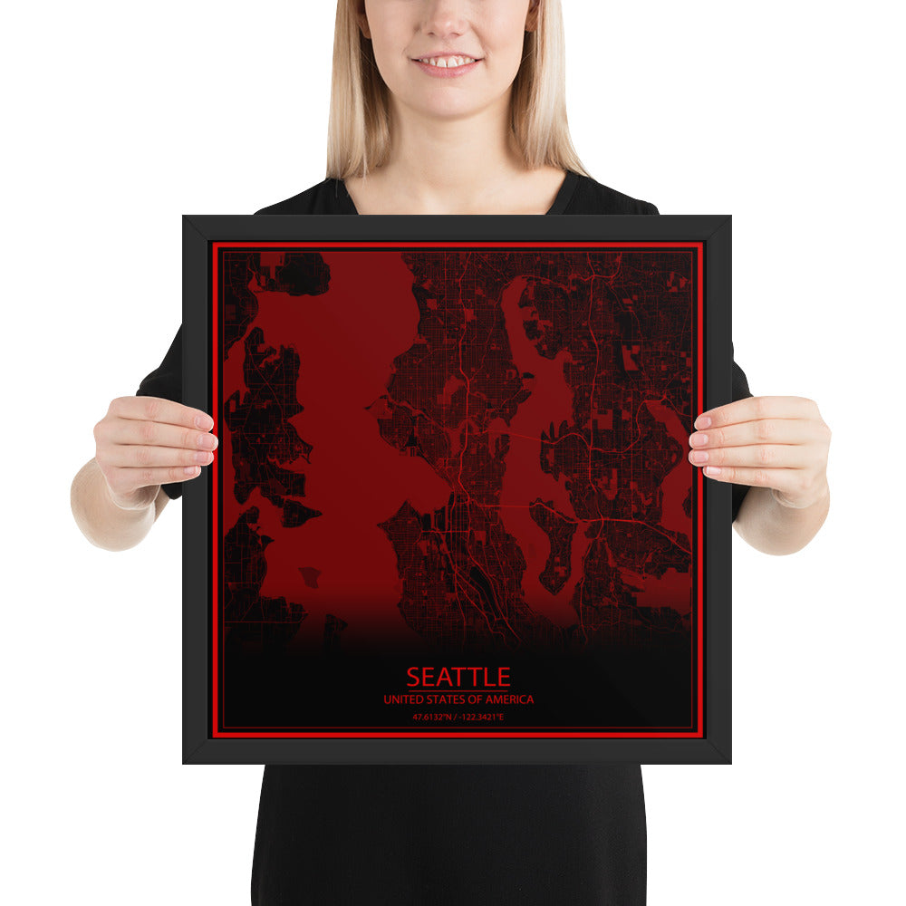 Seattle Black and Red Framed Map