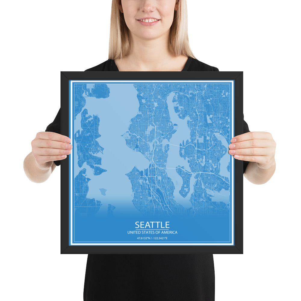 Seattle Blue and White Framed Map