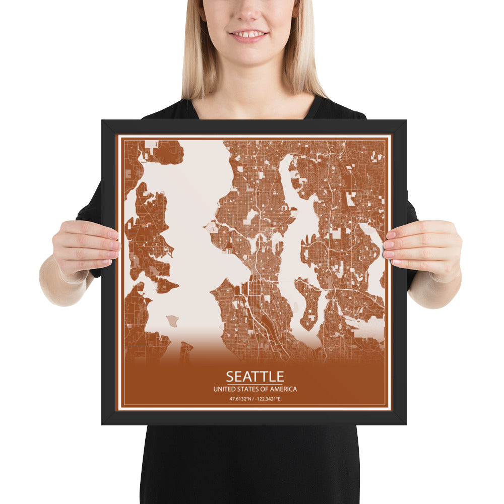 Seattle Brown and White Framed Map