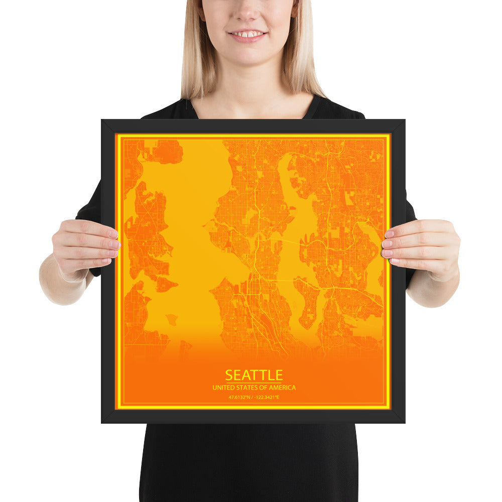 Seattle Orange and Yellow Framed Map