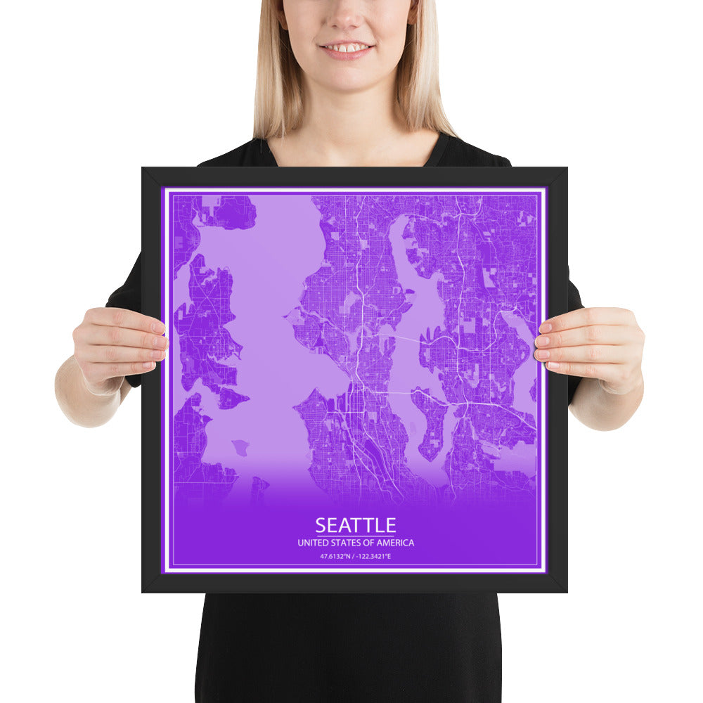 Seattle Purple and White Framed Map