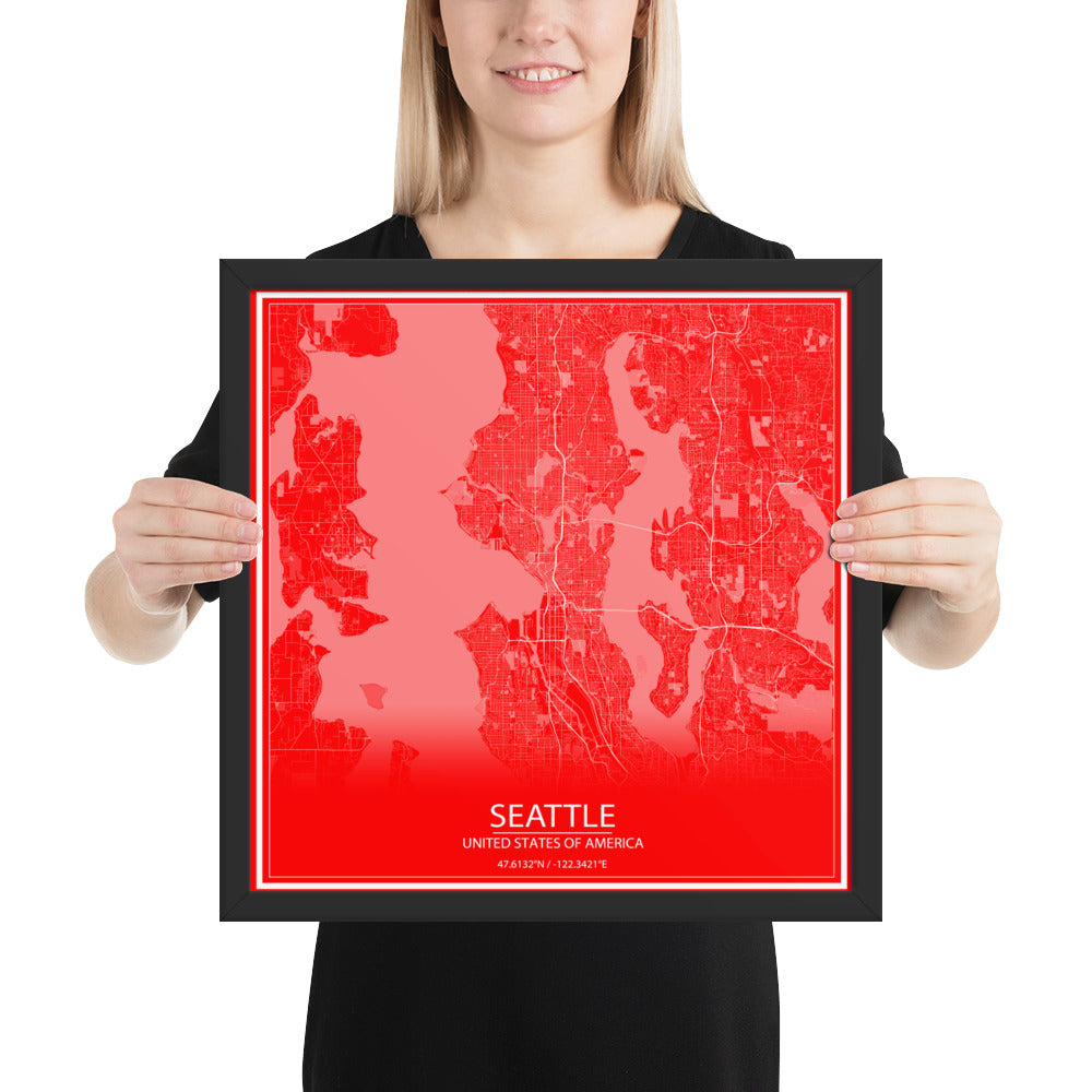 Seattle Red and White Framed Map