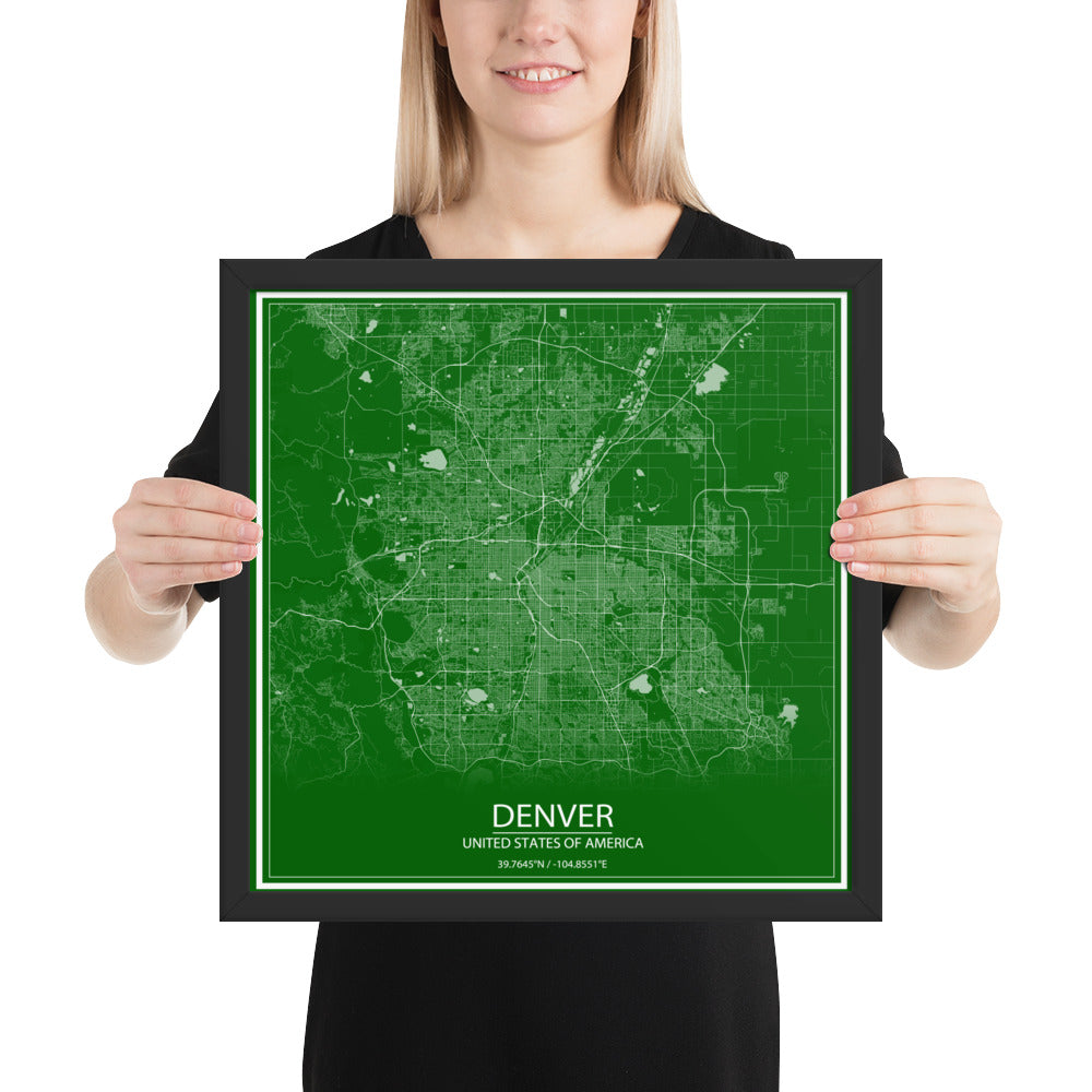 Denver Green and White Framed Map