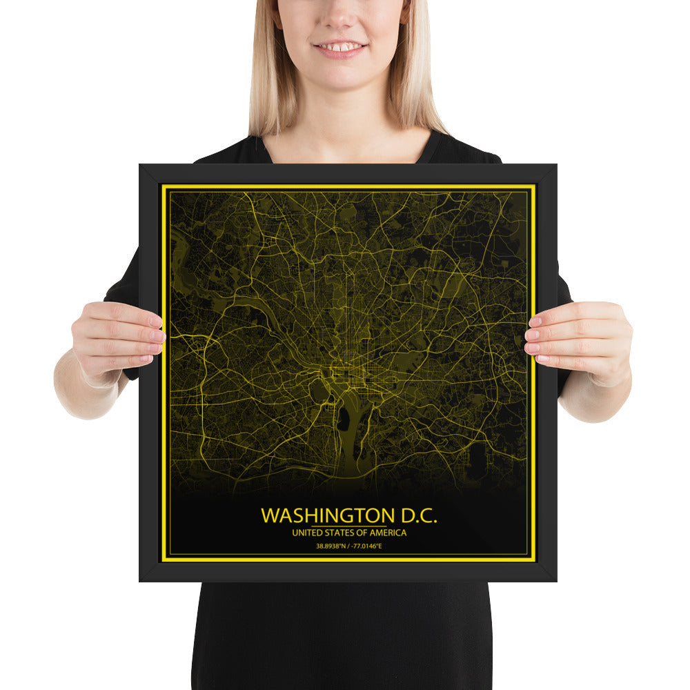 Washington, D.C. Black and Yellow Framed Map