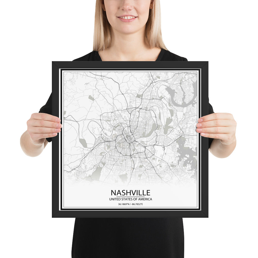 Nashville White Framed Map