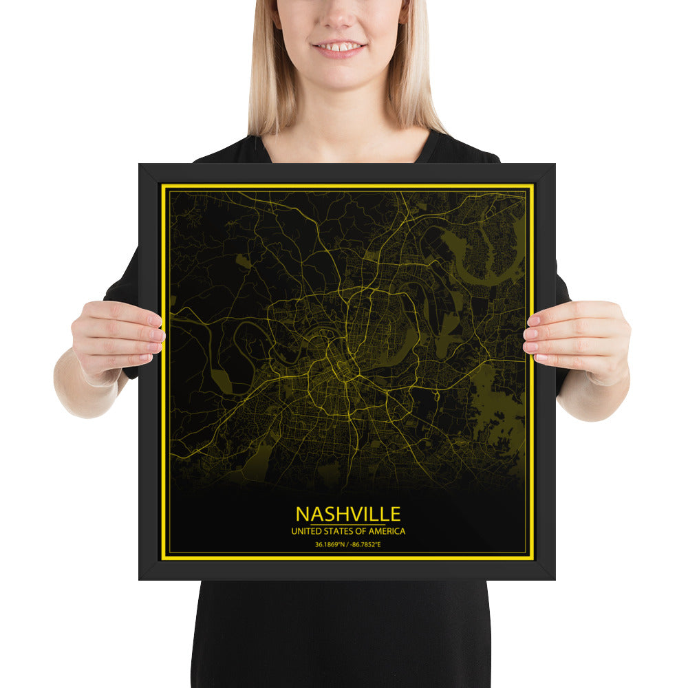 Nashville Black and Yellow Framed Map