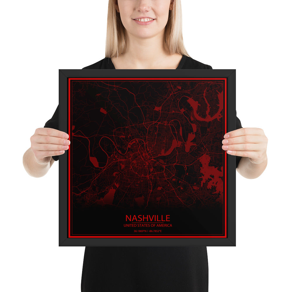 Nashville Black and Red Framed Map