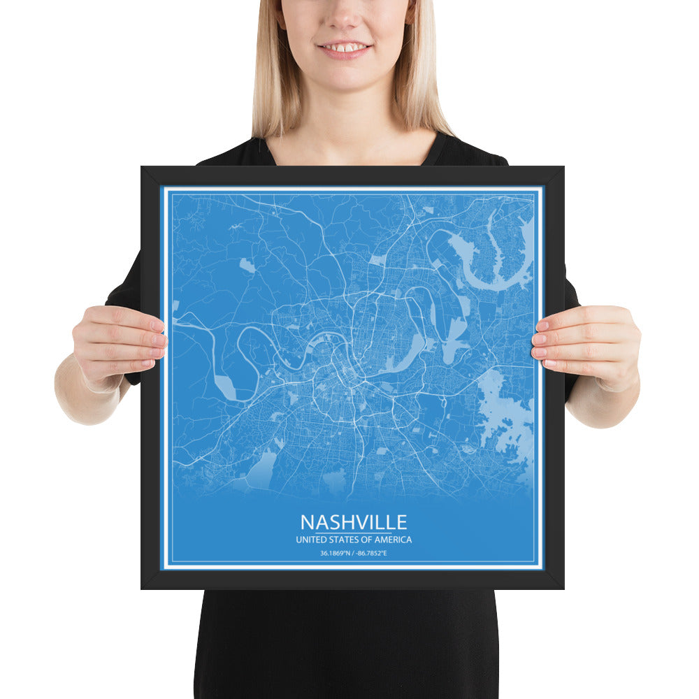 Nashville Blue and White Framed Map