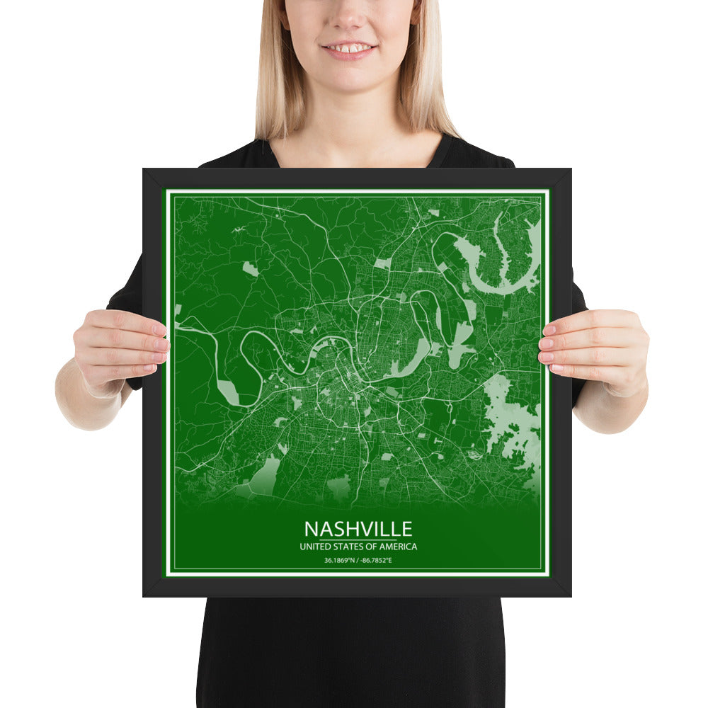 Nashville Green and White Framed Map