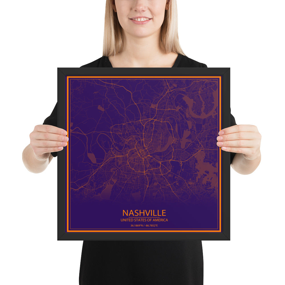 Nashville Purple and Orange Framed Map