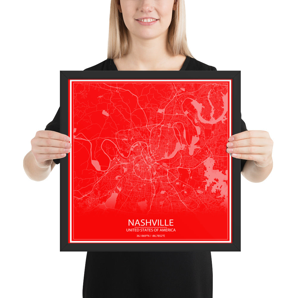 Nashville Red and White Framed Map