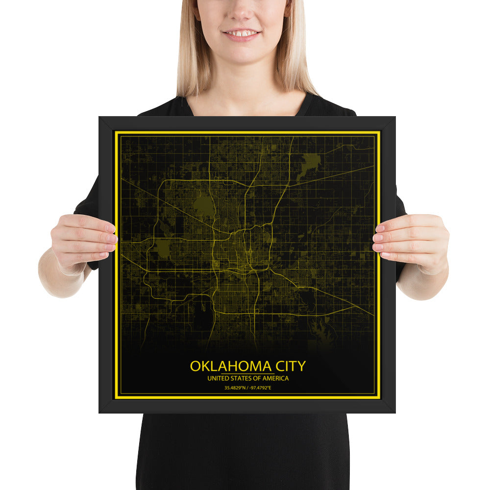 Oklahoma City Black and Yellow Framed Map