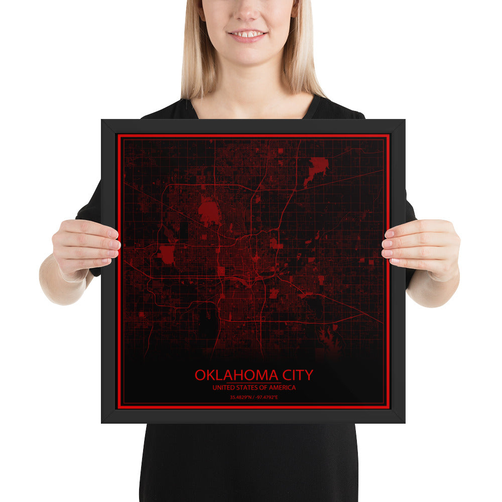 Oklahoma City Black and Red Framed Map