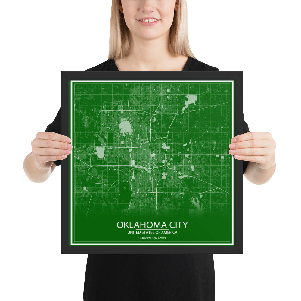 Oklahoma City Green and White Framed Map