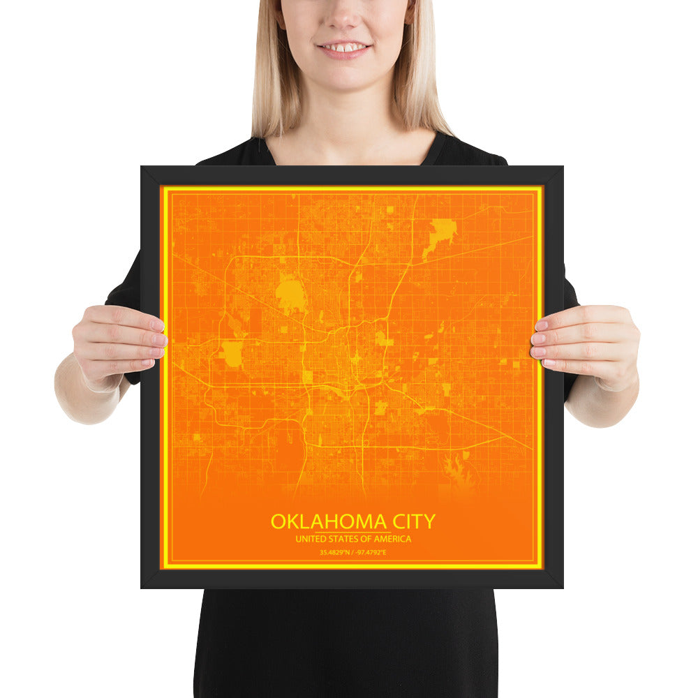 Oklahoma City Orange and Yellow Framed Map