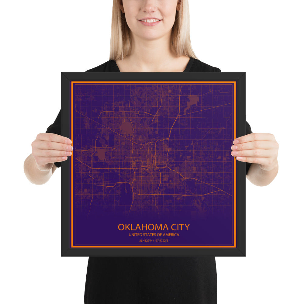 Oklahoma City Purple and Orange Framed Map