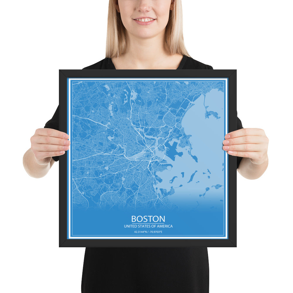 Boston Blue and White Framed Map