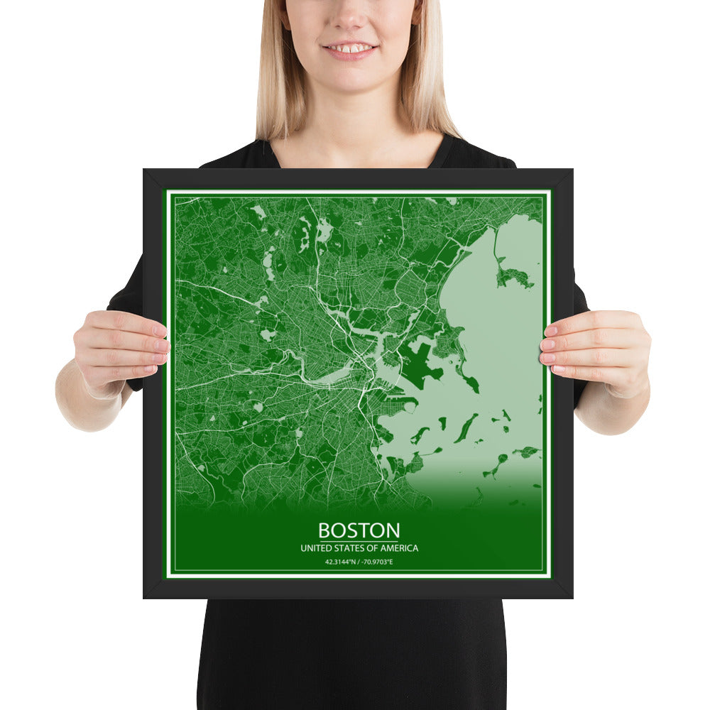 Boston Green and White Framed Map