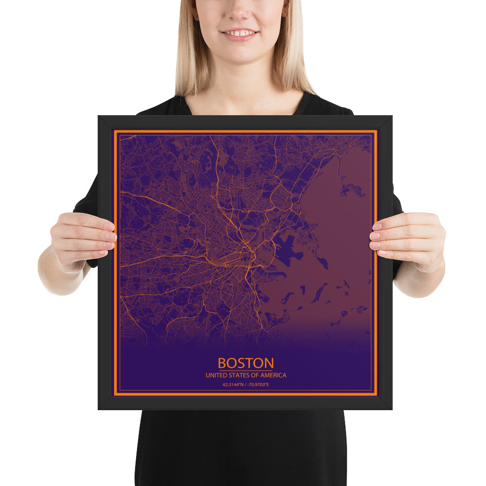 Boston Purple and Orange Framed Map