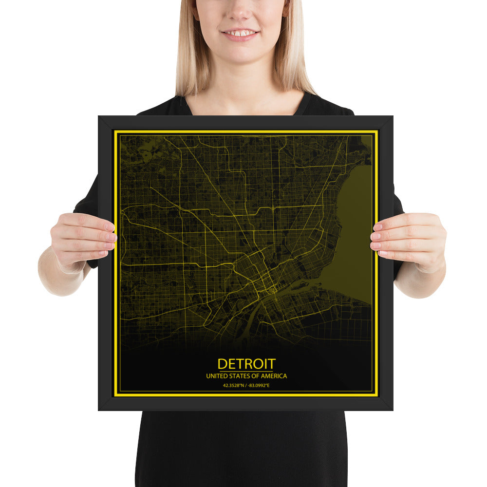 Detroit Black and Yellow Framed Map