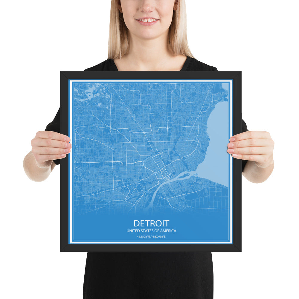 Detroit Blue and White Framed Map