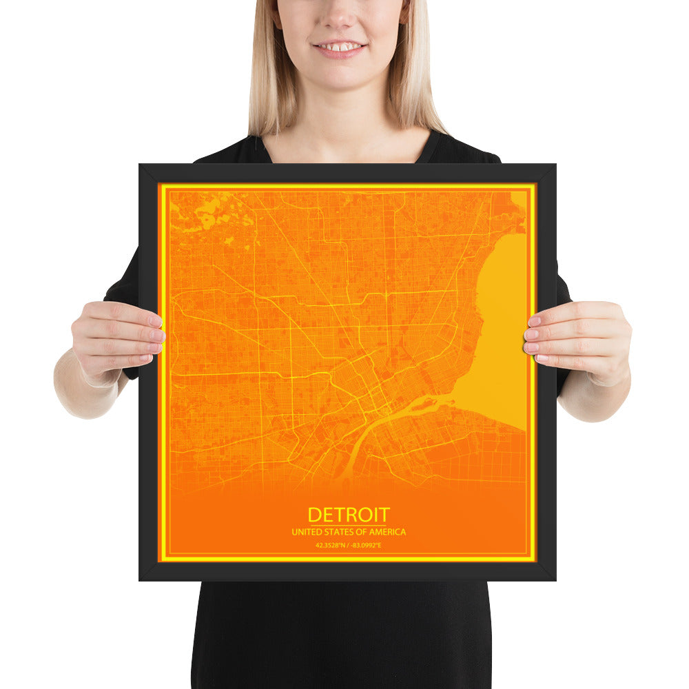 Detroit Orange and Yellow Framed Map