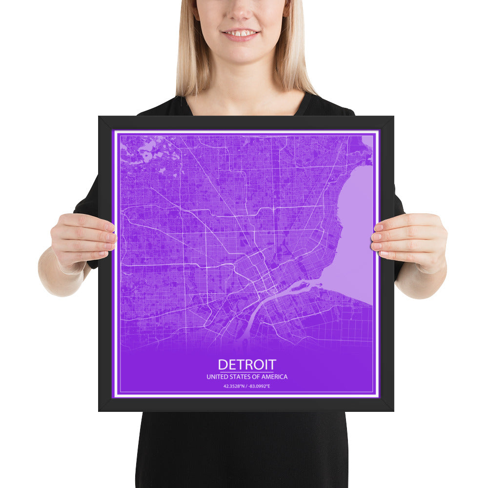 Detroit Purple and White Framed Map