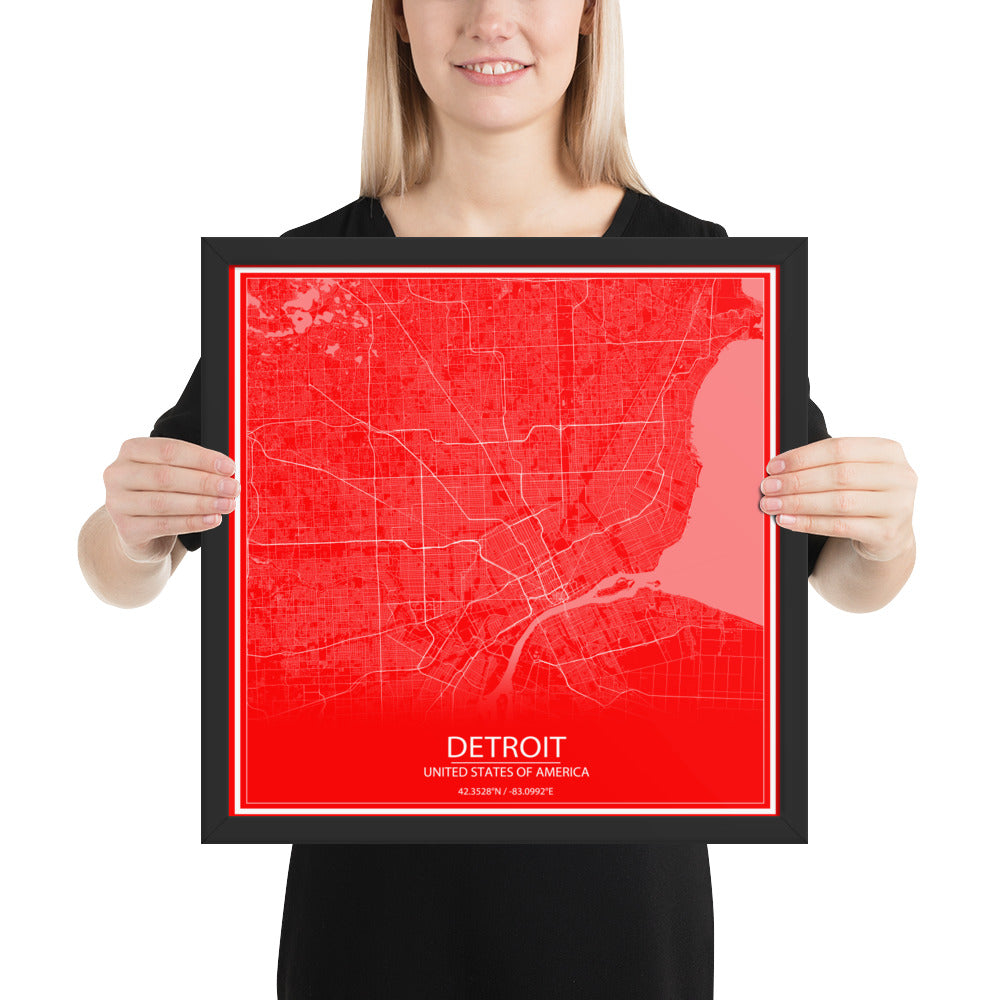 Detroit Red and White Framed Map