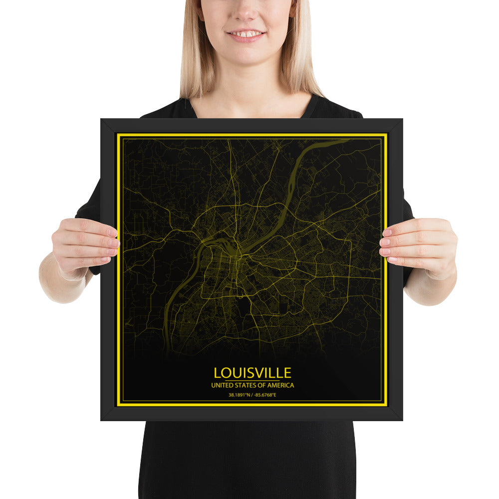 Louisville Black and Yellow Framed Map