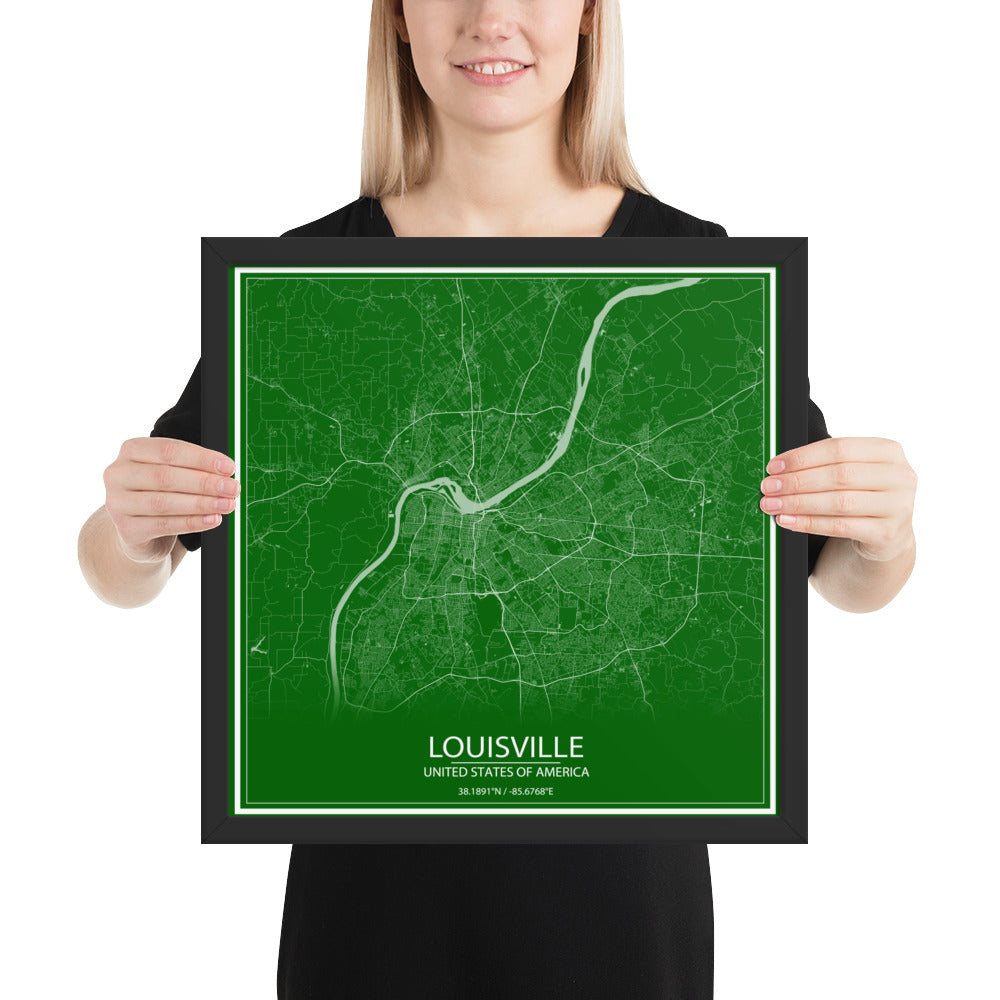 Louisville Green and White Framed Map