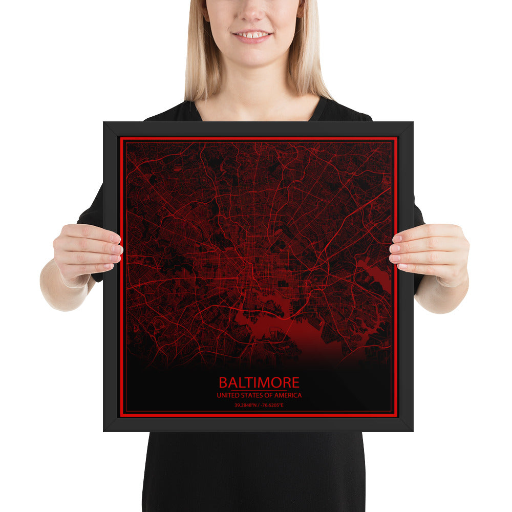 Baltimore Black and Red Framed Map