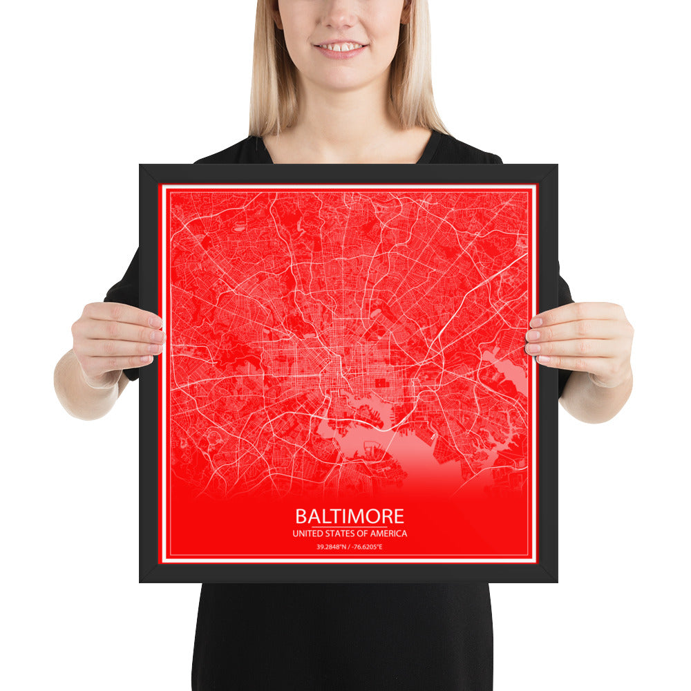 Baltimore Red and White Framed Map