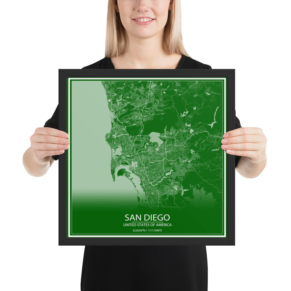 San Diego Green and White Framed Map