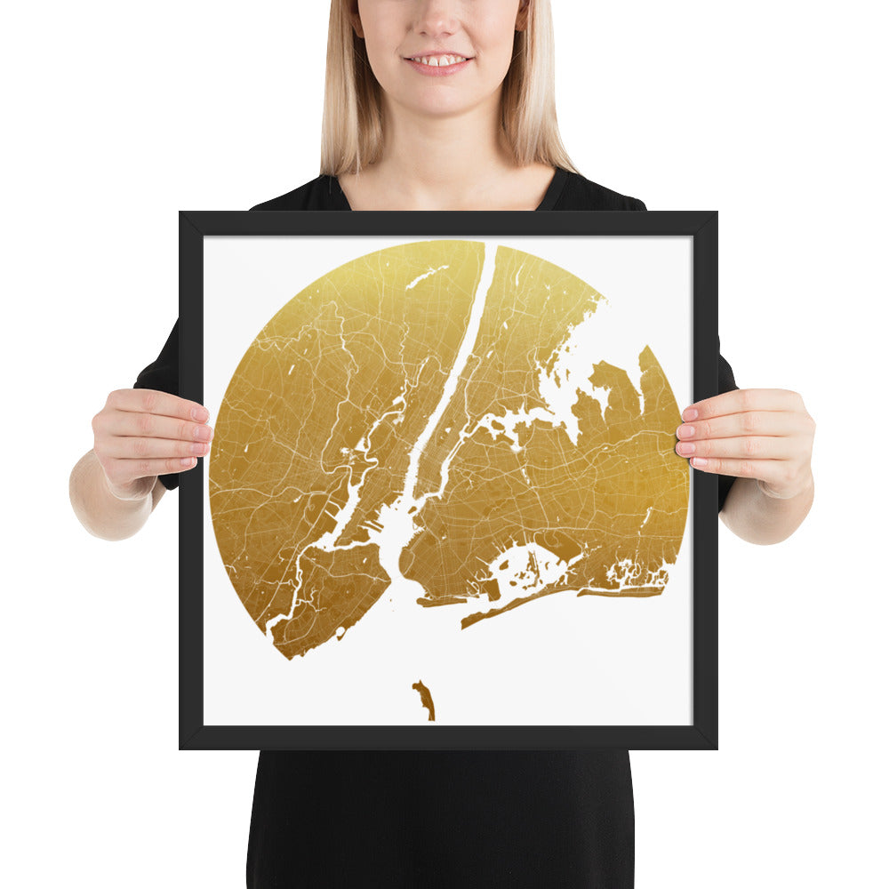 New York Gold on White Framed Map