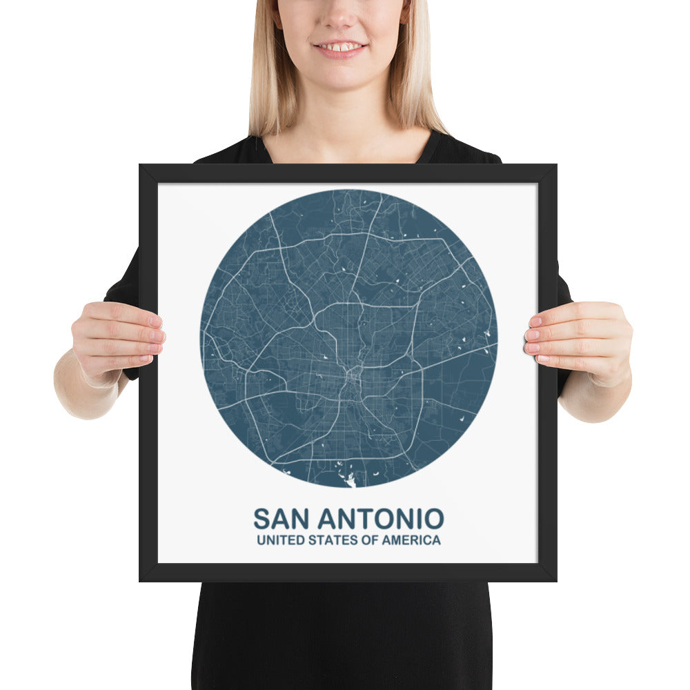 San Antonio Circular Blue Framed Map