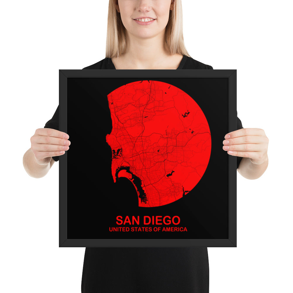 San Diego Circular Red Framed Map