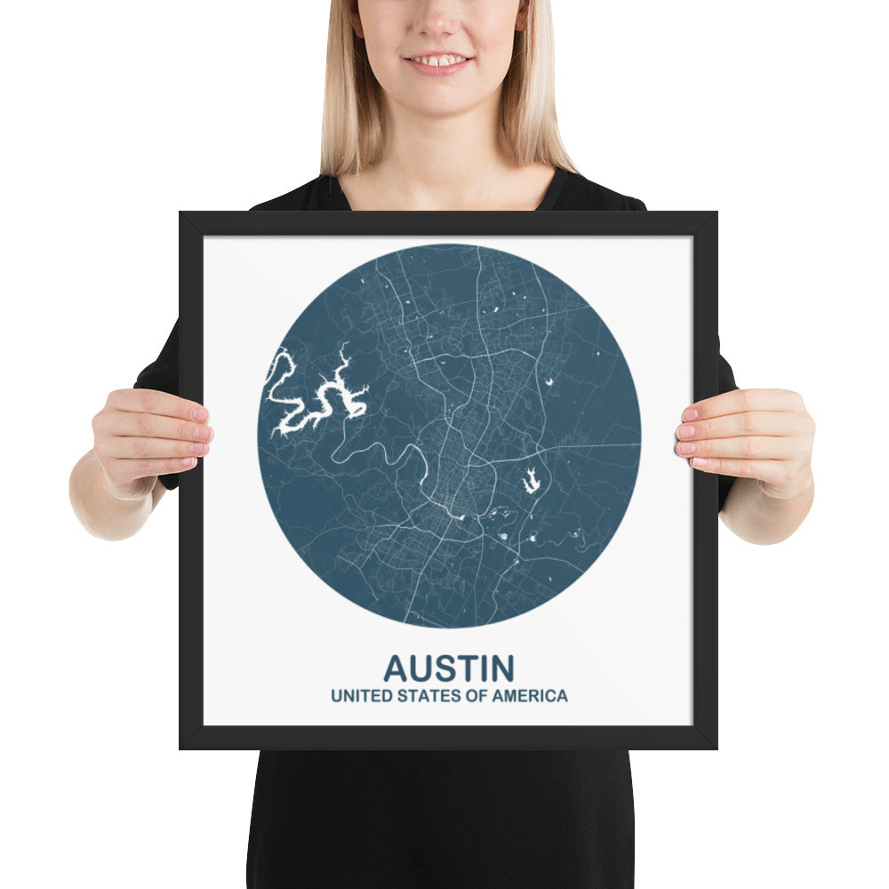 Austin Circular Blue Framed Map