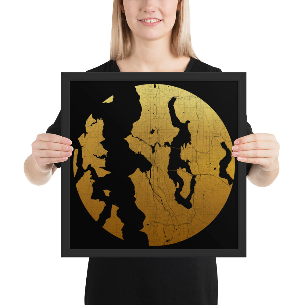 Seattle Gold on Black Framed Map