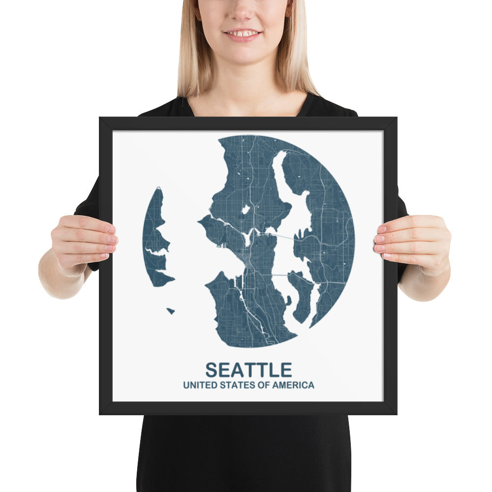 Seattle Circular Blue Framed Map