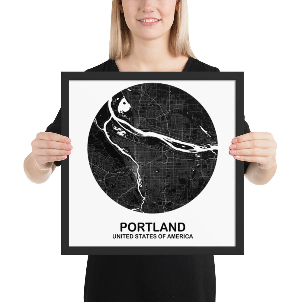 Portland Circular Black Framed Map