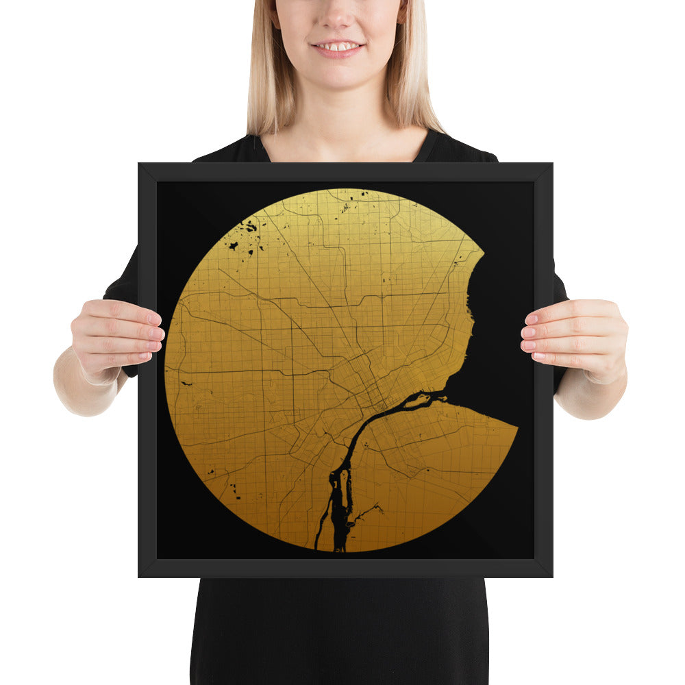 Detroit Gold on Black Framed Map