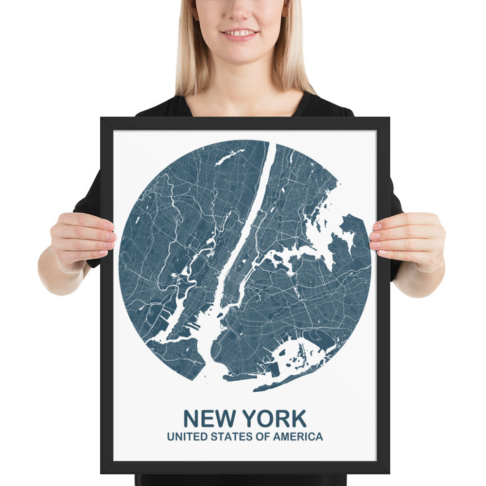 New York Circular Blue Framed Map