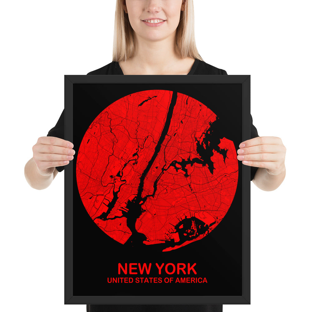 New York Circular Red Framed Map