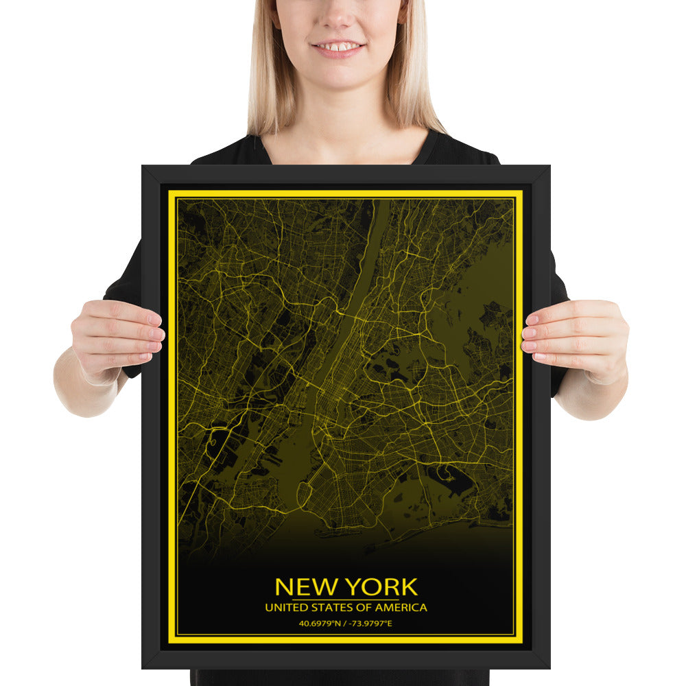 New York Black and Yellow Framed Map