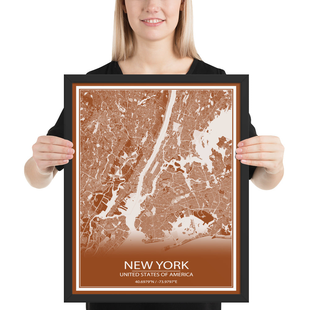 New York Brown and White Framed Map