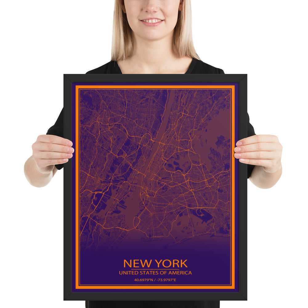 New York Purple and Orange Framed Map